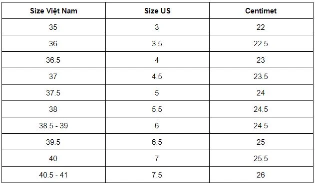 Bảng size giày Converse Nam