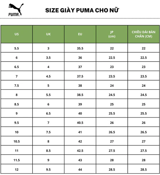 Bảng quy đổi size giày Puma cho nữ