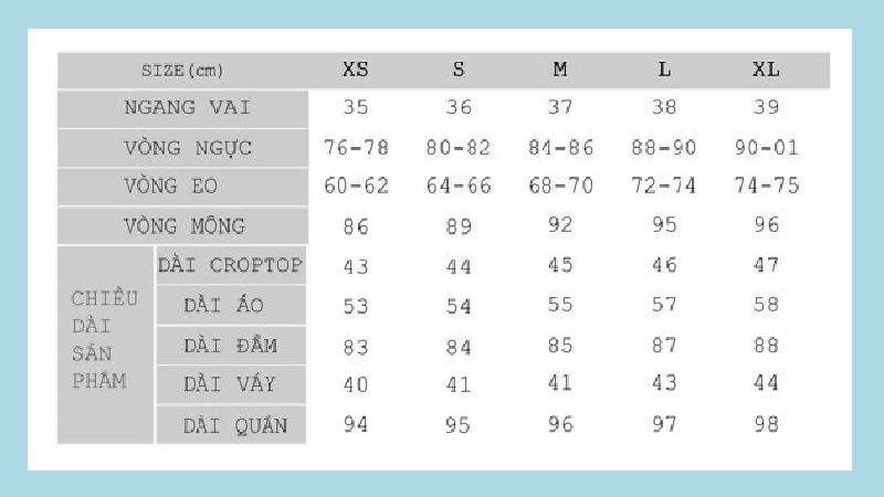 Bảng size áo nữ thương hiệu HNOSS