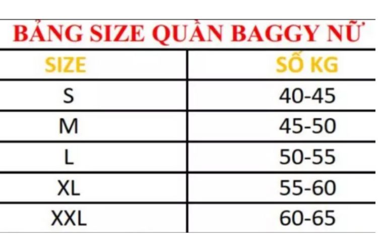 Bảng size về quần baggy cho nữ