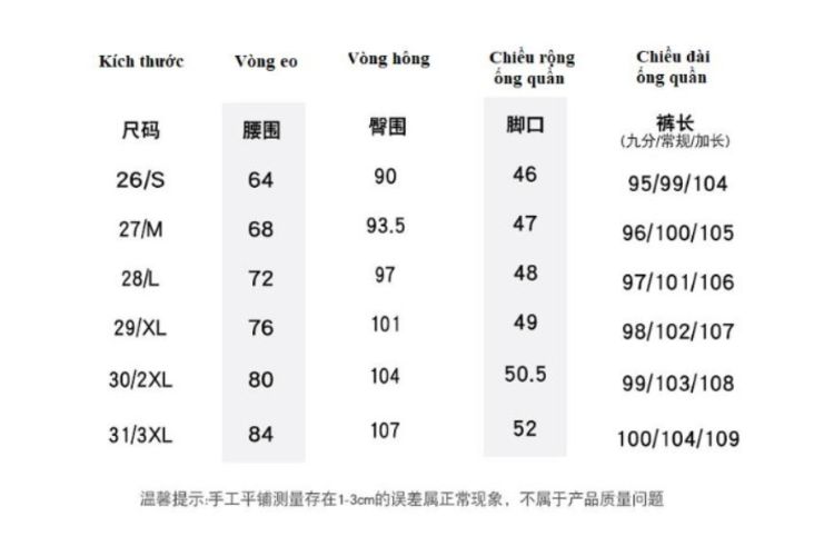 Bảng size quần nữ Trung Quốc