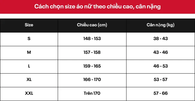 Size áo nữ theo chiều cao, cân nặng