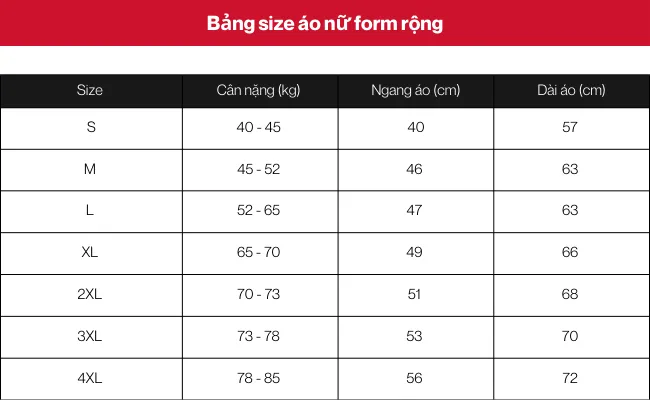 Bảng size áo nữ form rộng