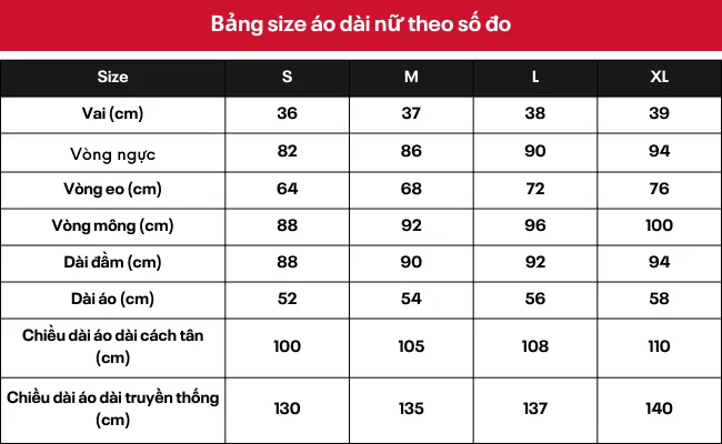 Bảng size áo dài nữ theo cân nặng, chiều cao