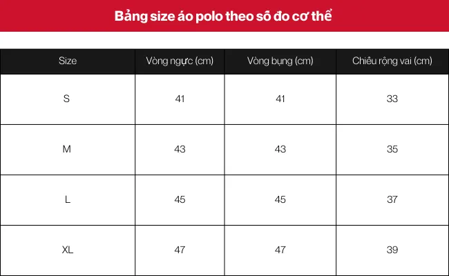 Bảng size áo polo theo số đo cơ thể 