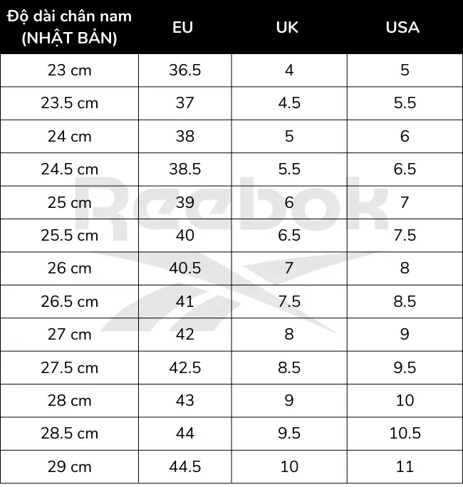 Bảng size giày Reebok Nhật