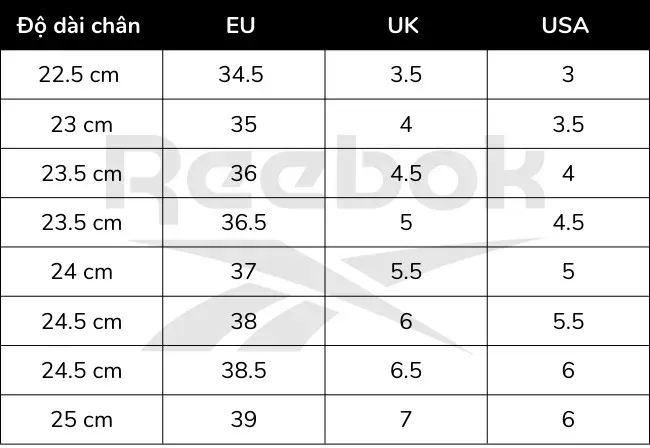 Bảng size giày Reebok trẻ em