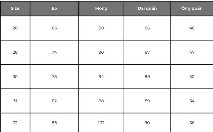 Bảng size quần tây nữ dáng ôm body 