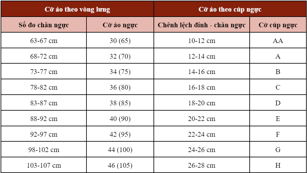 Bảng size áo ngực chuẩn quốc tế