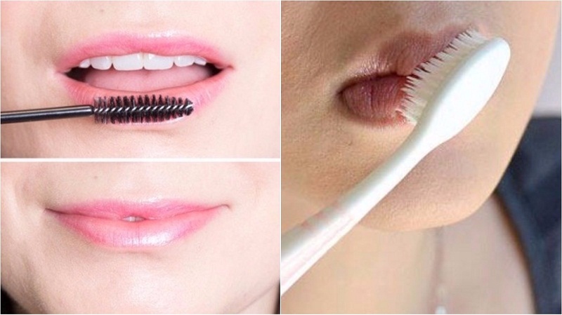 Tẩy tế bào chết cho môi bằng chổi mascara cũ hoặc bàn chải lông mềm