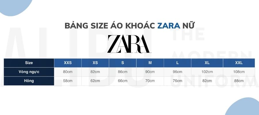 Bảng size áo khoác Zara nữ