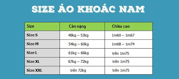 Size áo khoác Việt Nam size theo cân nặng