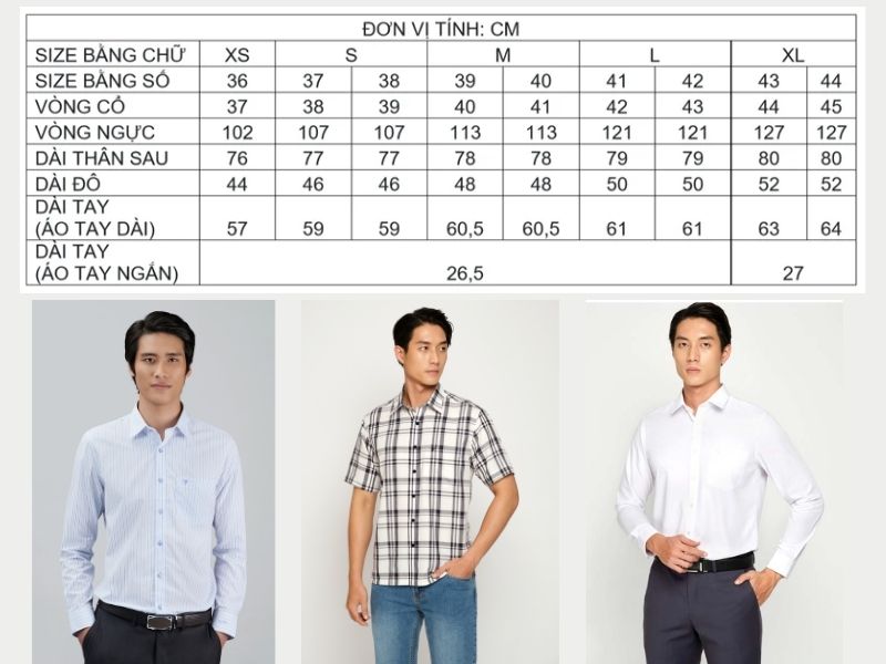 Bảng size áo sơ mi nam Việt Tiến