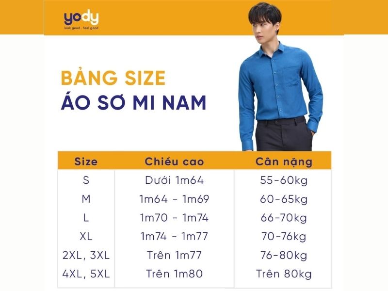 Bảng size áo sơ mi nam Yody