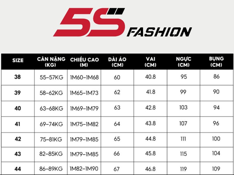 Bảng size áo sơ mi nam 5S Fashion