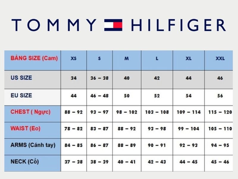 Bảng size áo sơ mi nam Tommy Hilfiger