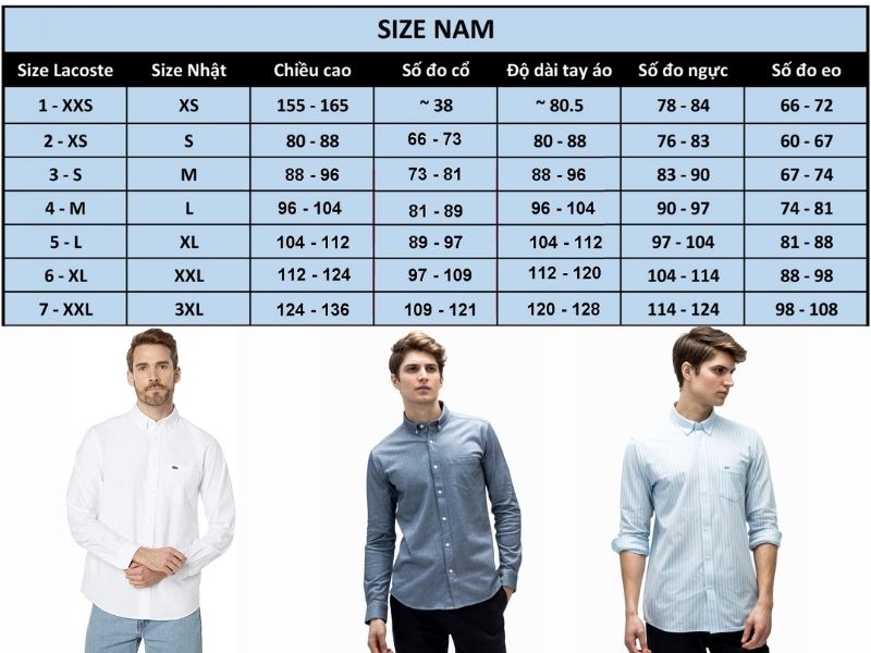 Bảng size áo sơ mi nam Lacoste