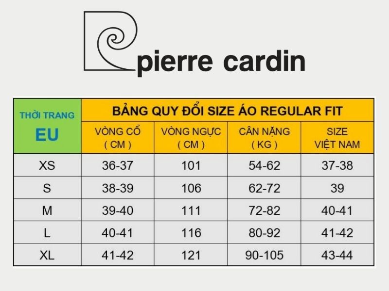 Bảng size áo sơ mi nam Pierre Cardin