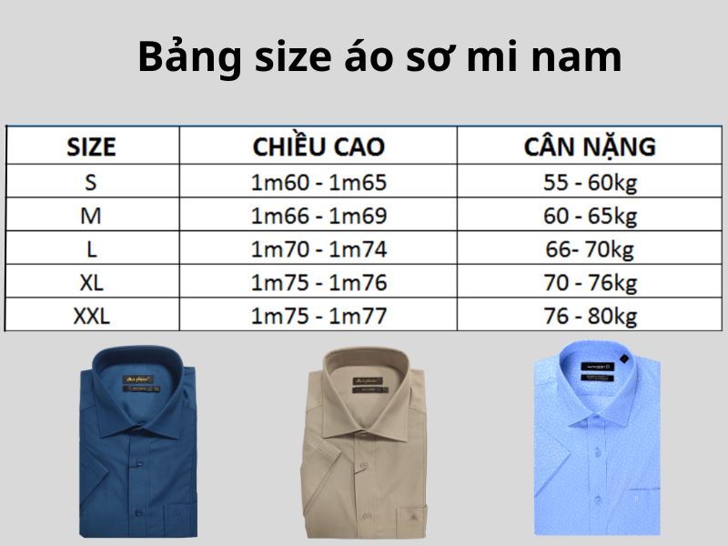 Bảng size áo sơ mi nam theo dạng chữ cái