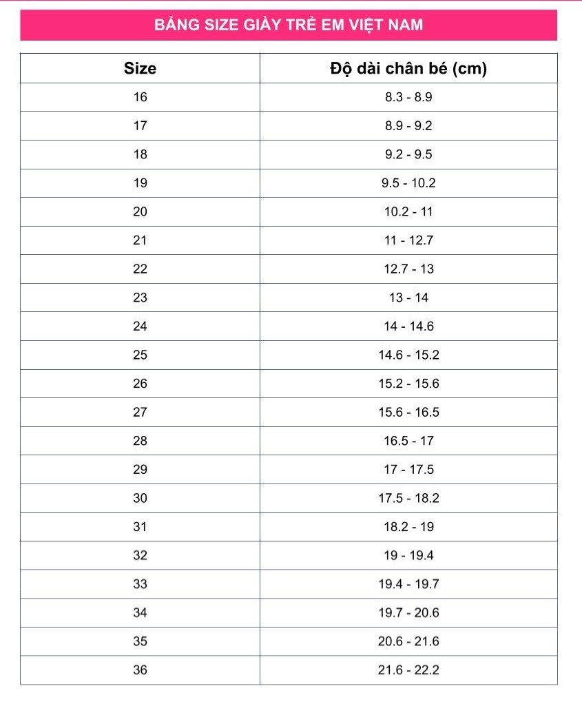 Bảng size giày trẻ em Việt Nam chuẩn mới nhất 2024