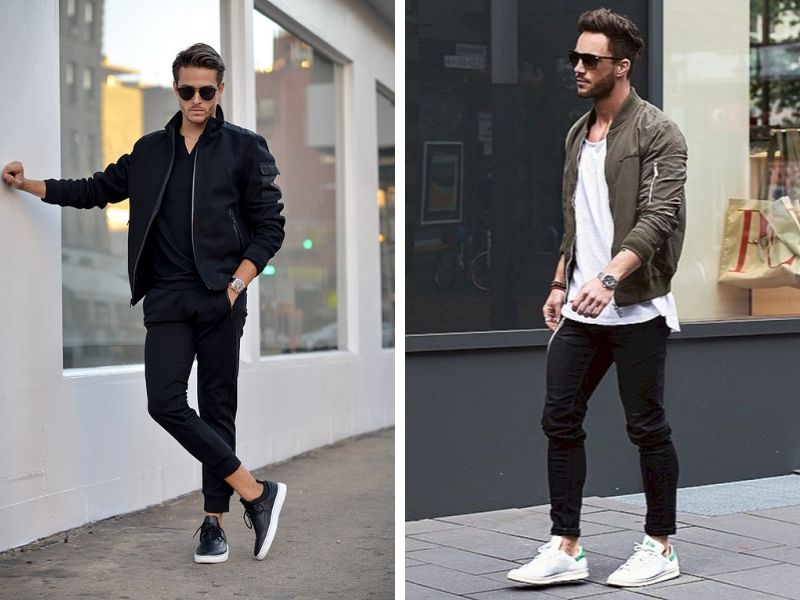 Kết hợp áo khoác bomber, quần jogger và áo thun là cách hoàn hảo cho các chàng trong những ngày thu.