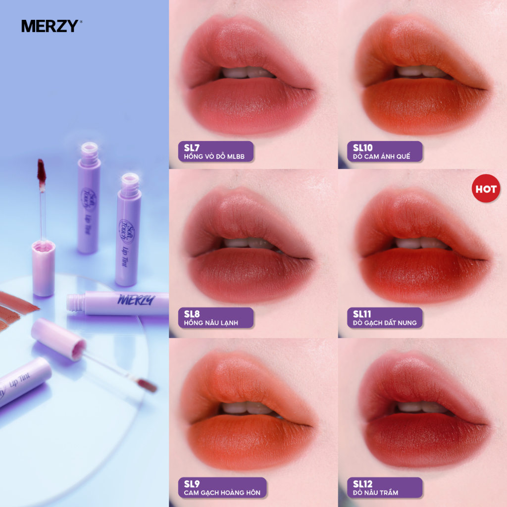 Bảng màu son Merzy Soft Touch Lip Tint 3g (Ver 2) + Kem Lì Academia Mellow Tint 4g