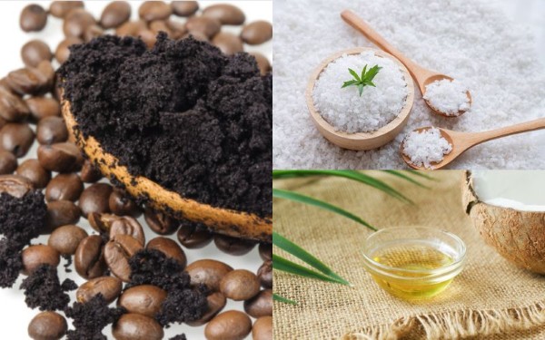Tẩy tế bào chết bằng bã cà phê, muối ăn và dầu dừa Tẩy tế bào chết bằng bã cà phê, muối ăn và dầu dừa