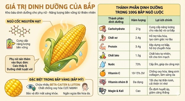 Thành phần dinh dưỡng tiêu biểu trong 100g bắp ngô luộc
