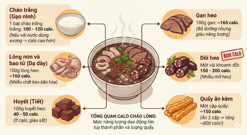 Phân tích hàm lượng calo trong từng thành phần của cháo lòng