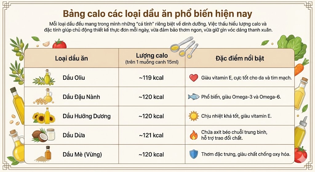 Bảng calo các loại dầu ăn phổ biến hiện nay