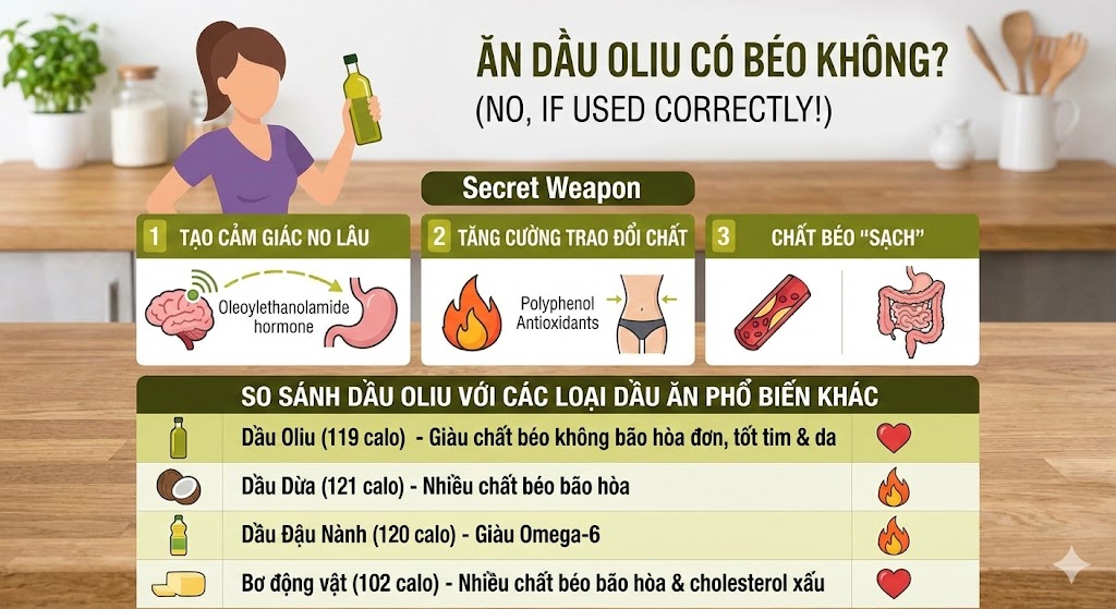 Ăn dầu oliu có béo không?