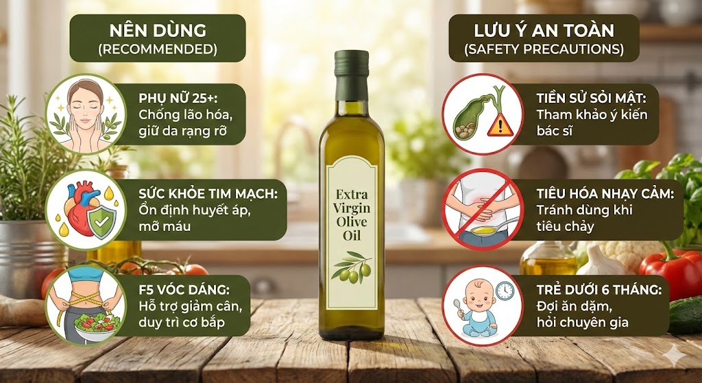 Dầu oliu phù hợp với ai? Những lưu ý an toàn nàng cần biết