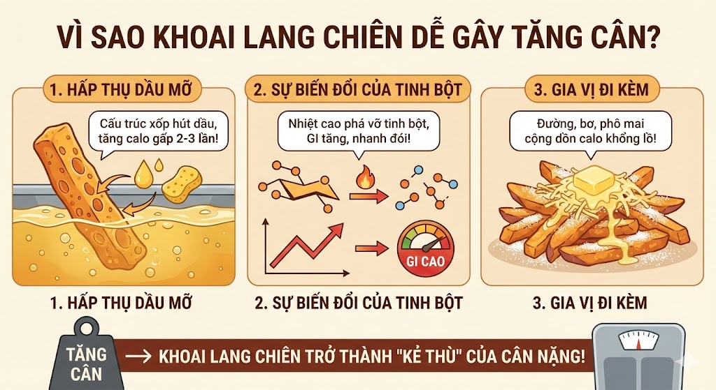 Vì sao khoai lang chiên dễ gây tăng cân?