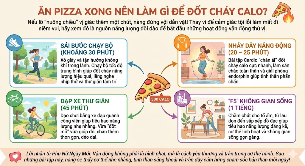 Ăn pizza xong nên làm gì để đốt cháy calo?