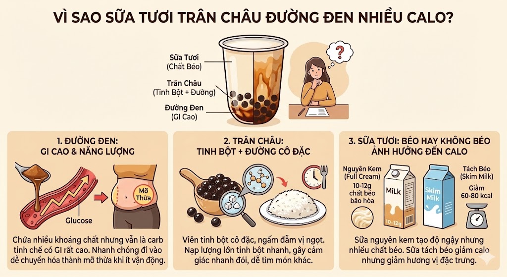 Vì sao sữa tươi trân châu đường đen nhiều calo?